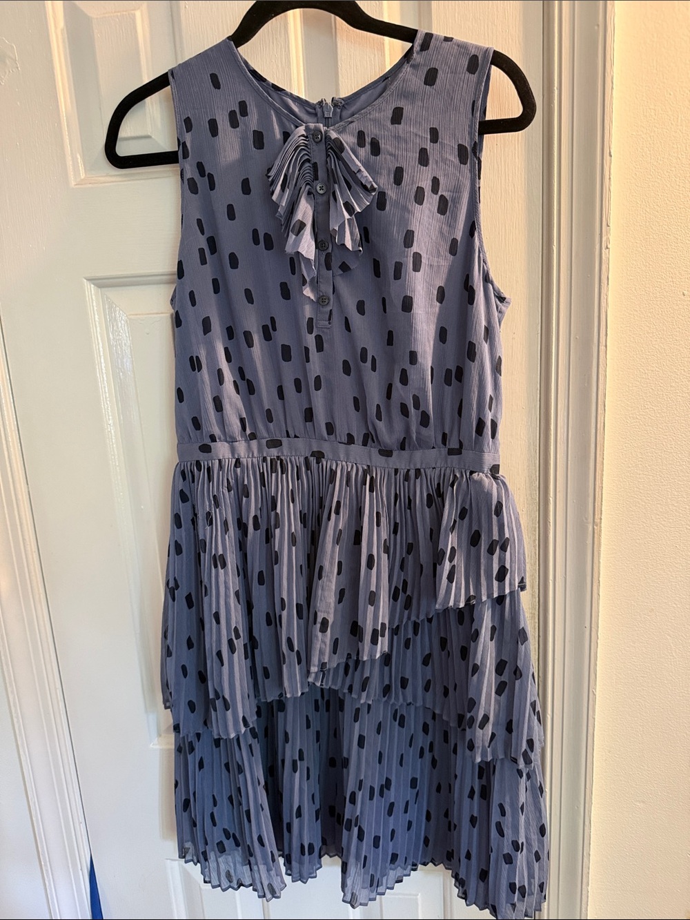 Banana Republic Dusty Blue Sleeveless Tiered Ruffle Dress with Black Dot Print